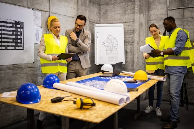 A construction crew in hi-vis vests reviewing plans around a table
